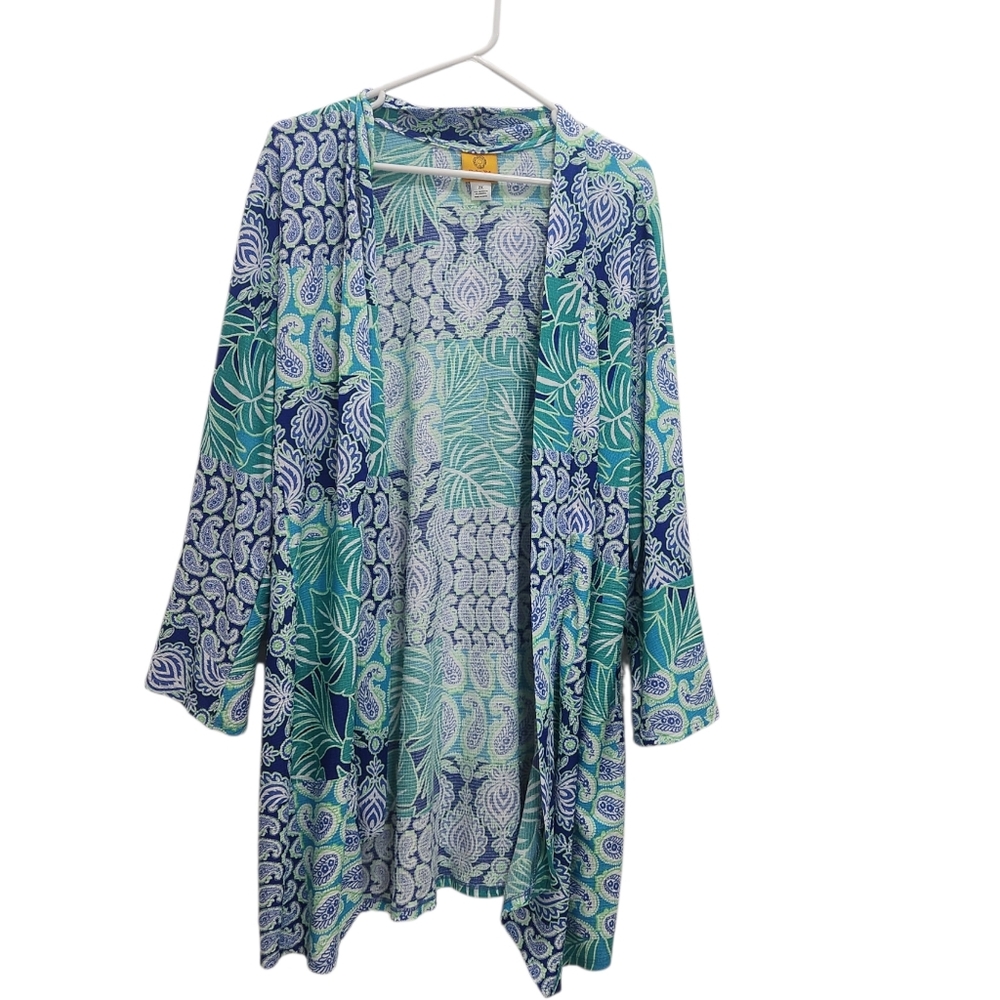Ruby Rd. Blue Green Paisley Tropical Flora Open Front Bell Sleeve Cardigan 2X